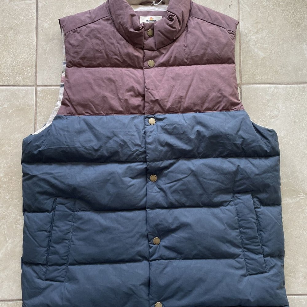NWOT M’s MARINE LAYER Sequoia Vest Down Puffer Flannel Lined Snap Front Medium